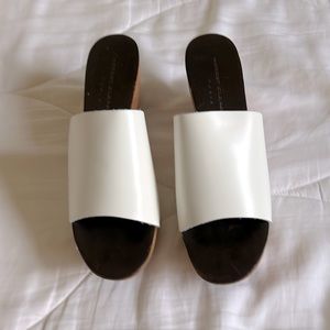 Robert Clergerie Paris white leather, 4 inch wooden sole sandals